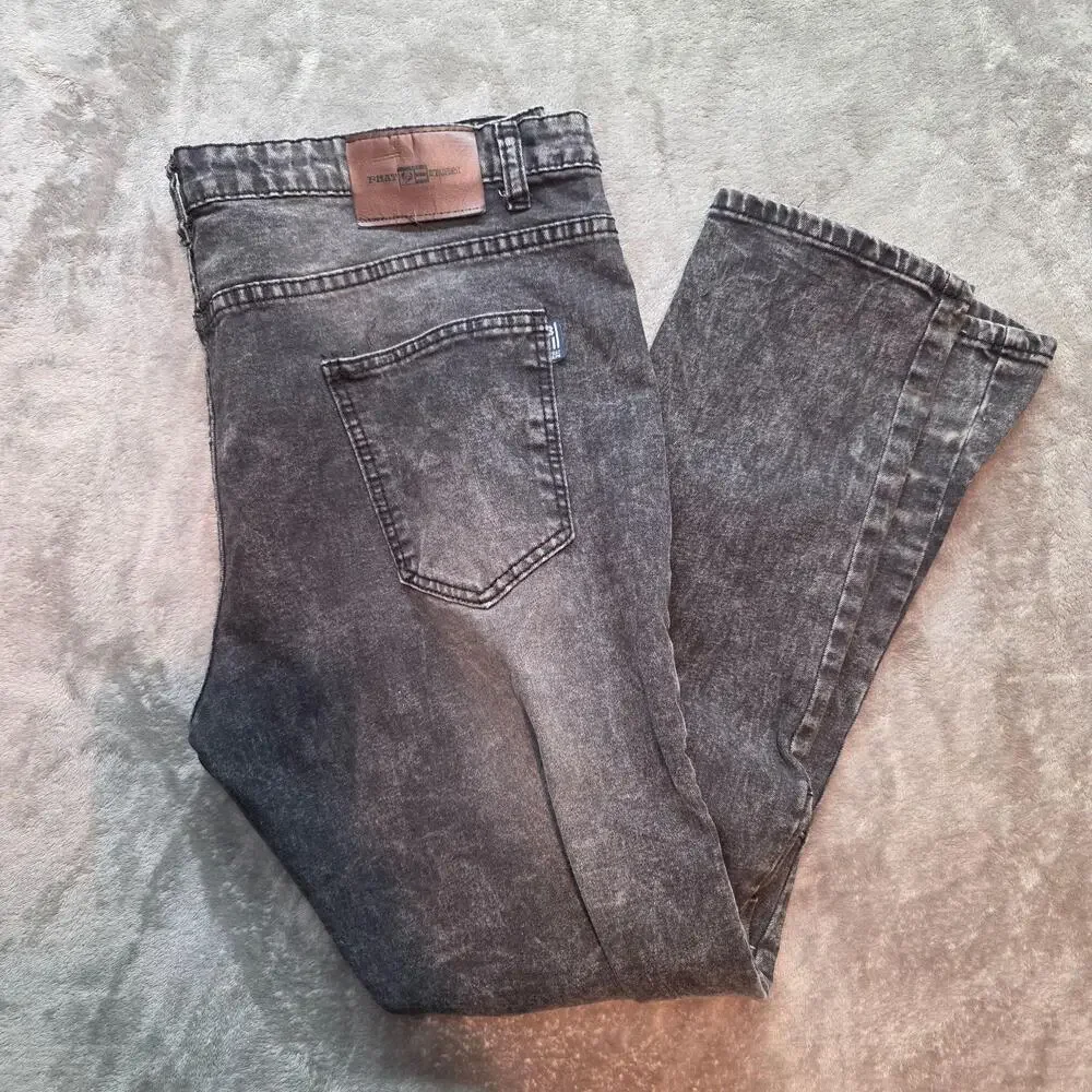 Phat Farm Jeans Mens 40x32 Gray Acid Wash Stretch Slim Moto Tapered Leg